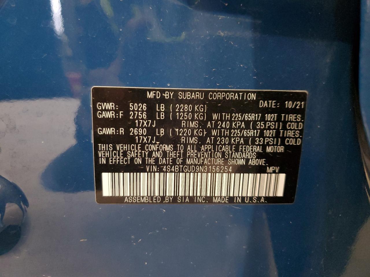 2022 SUBARU OUTBACK WILDERNESS VIN:4S4BTGUD9N3156254