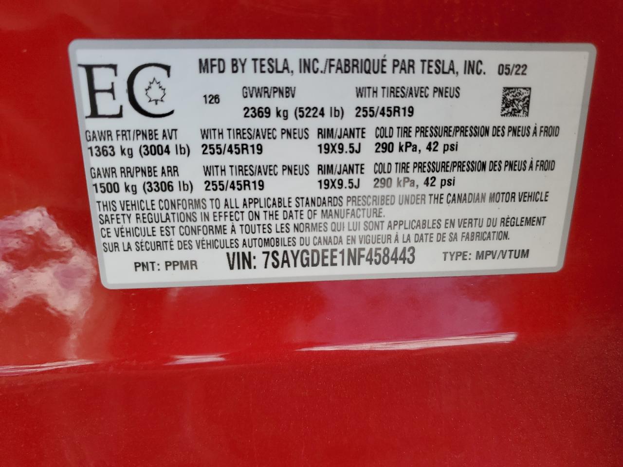 2022 TESLA MODEL Y VIN:7SAYGDEE1NF458443