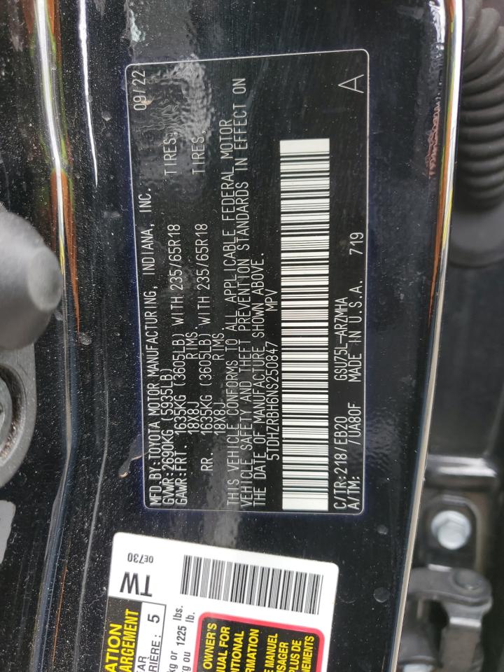 2022 TOYOTA HIGHLANDER XLE VIN:5TDHZRBH6NS250847