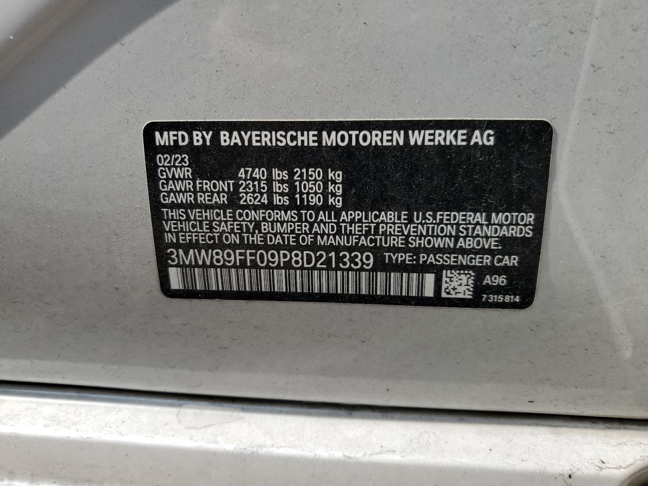 2023 BMW 330XI VIN:3MW89FF09P8D21339