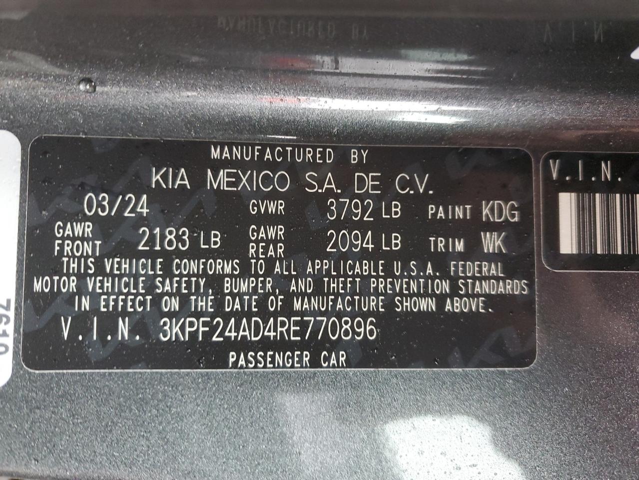 2024 KIA FORTE LX VIN:3KPF24AD4RE770896