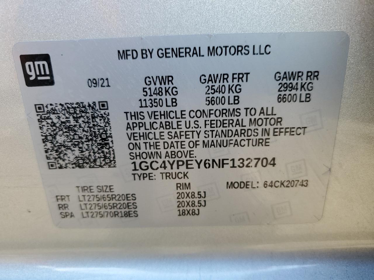 2022 CHEVROLET SILVERADO K2500 HEAVY DUTY LTZ VIN:1GC4YPEY6NF132704