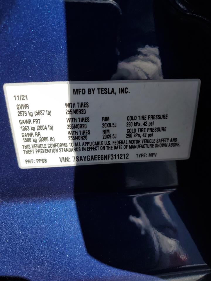 2022 TESLA MODEL Y VIN:7SAYGAEE6NF311212