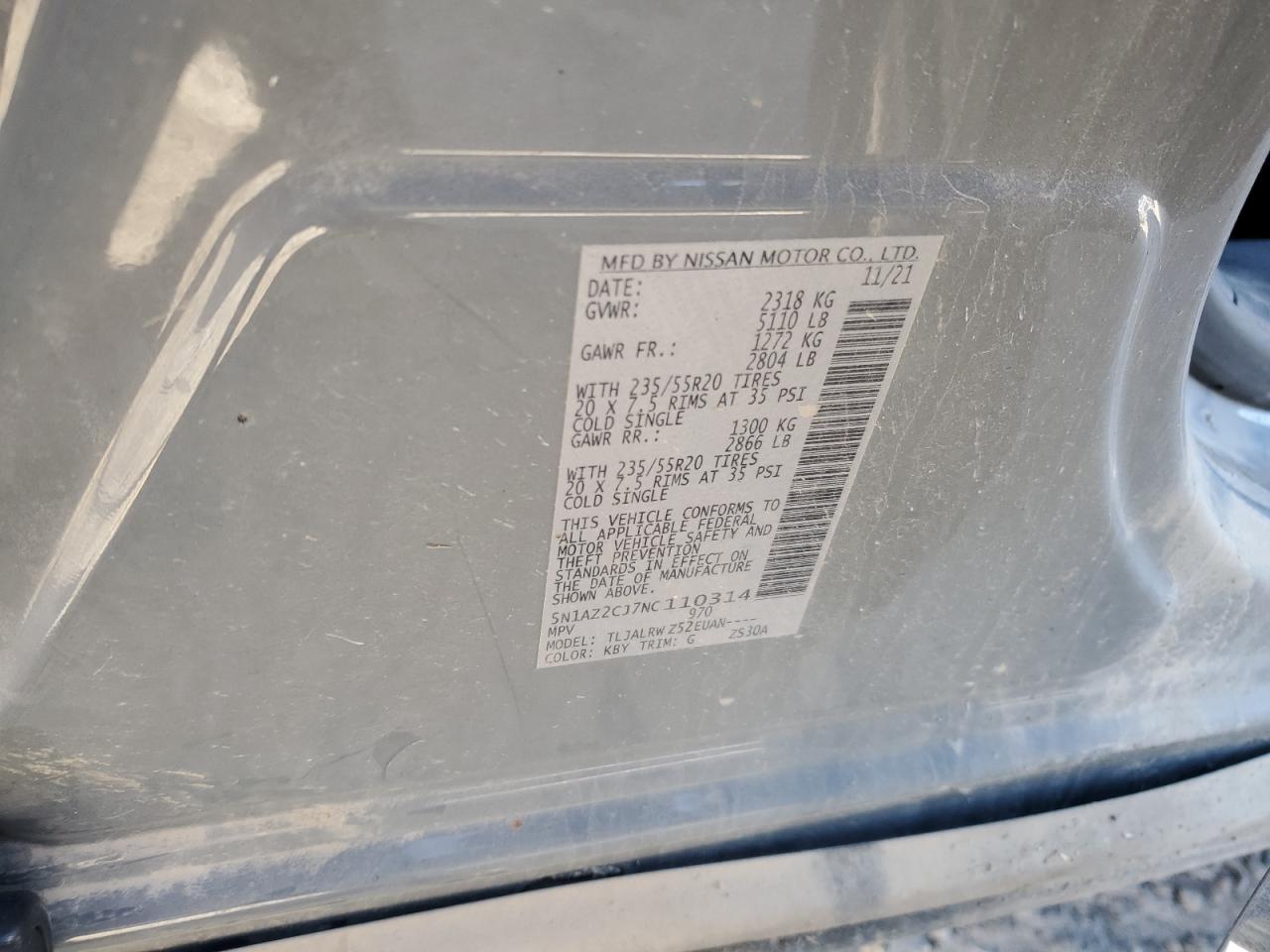 2022 NISSAN MURANO SL VIN:5N1AZ2CJ7NC110314