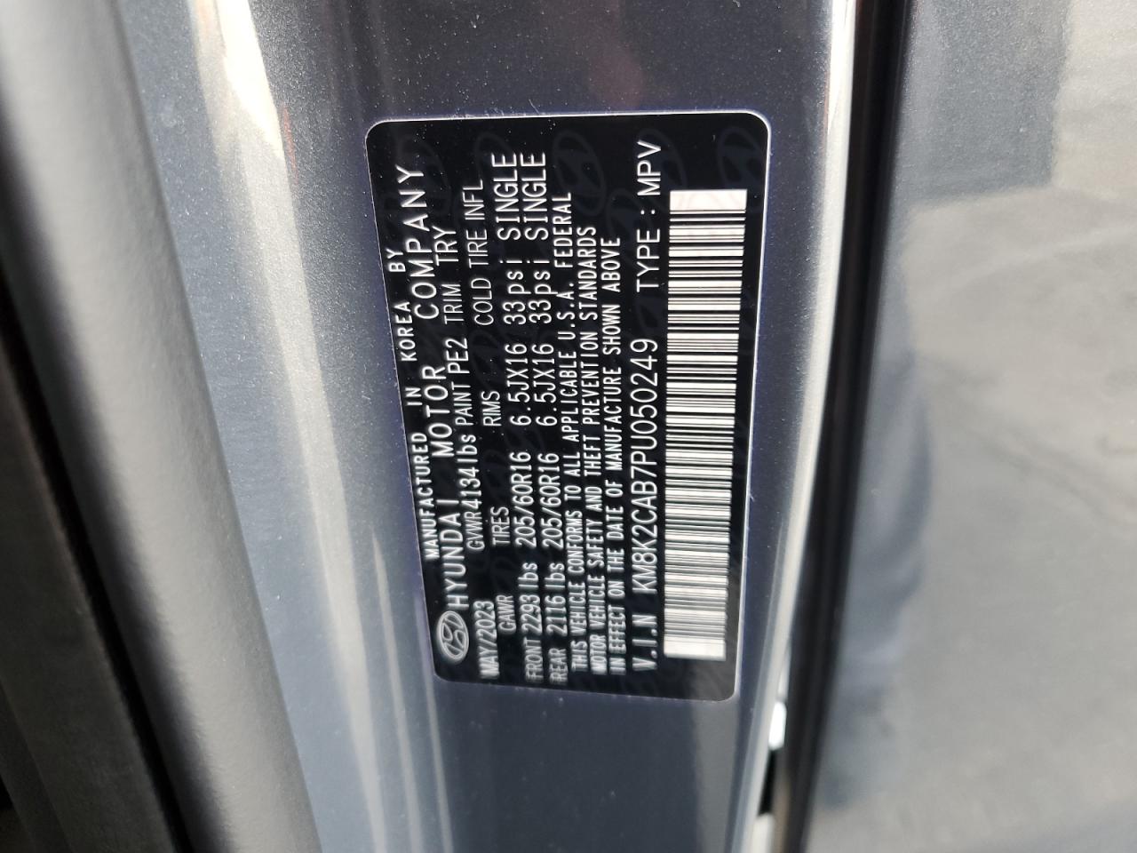 2023 HYUNDAI KONA SE VIN:KM8K2CAB7PU050249