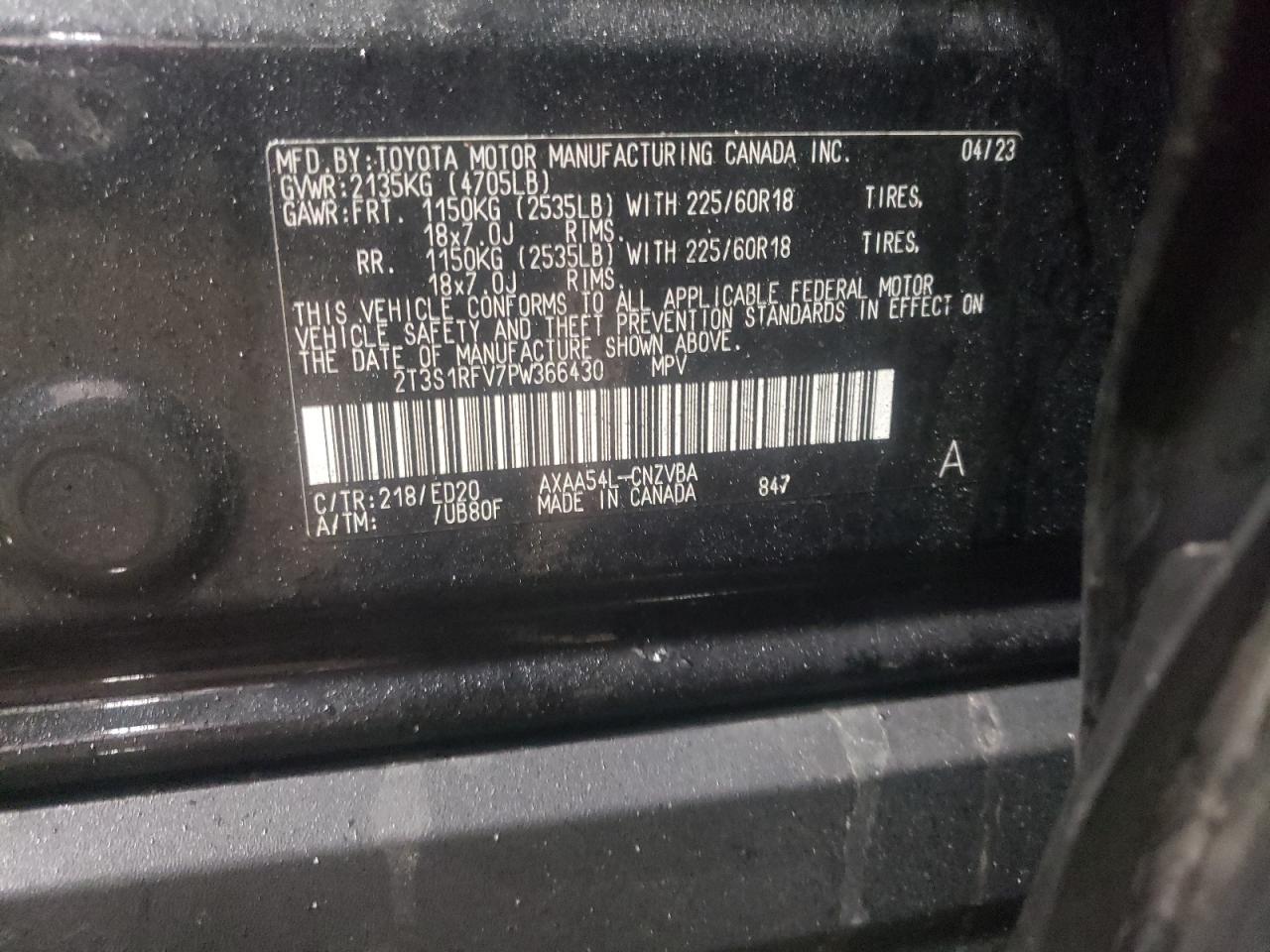 2023 TOYOTA RAV4 TRD OFF ROAD VIN:2T3S1RFV7PW366430