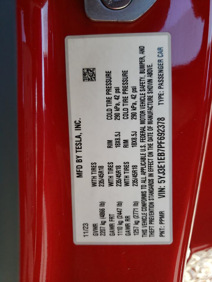 2023 TESLA MODEL 3 VIN:5YJ3E1EB7PF692378