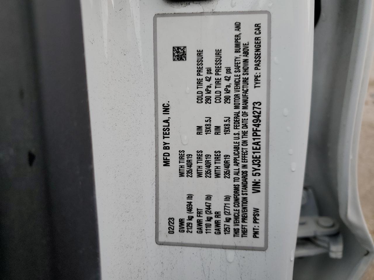 2023 TESLA MODEL 3 VIN:5YJ3E1EA1PF494273