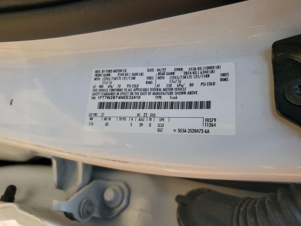 2022 FORD F250 SUPER DUTY VIN:1FT7W2BT4NEE32410