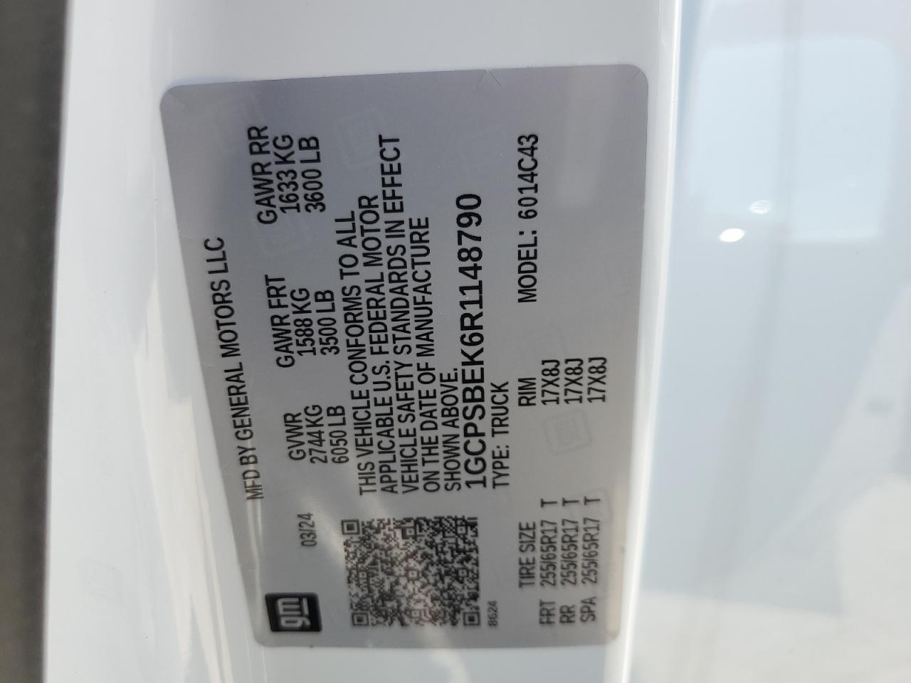2024 CHEVROLET COLORADO VIN:1GCPSBEK6R1148790