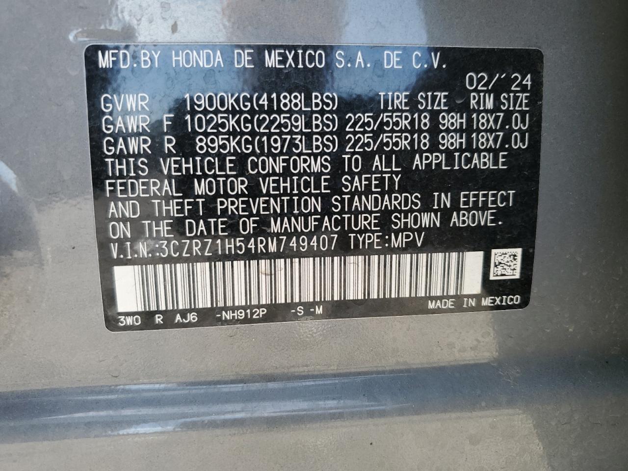 2024 HONDA HR-V SPORT VIN:3CZRZ1H54RM749407