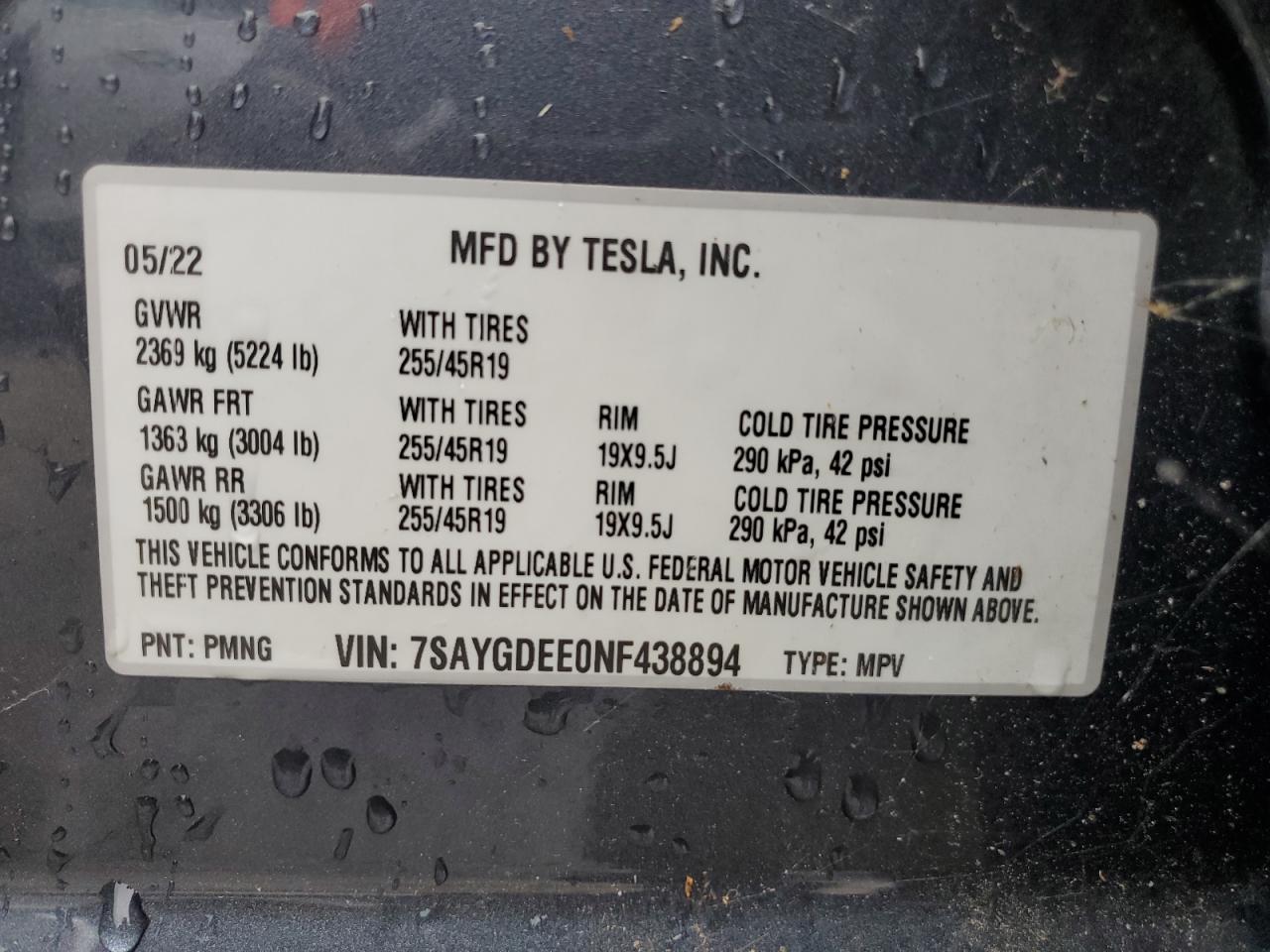 2022 TESLA MODEL Y VIN:7SAYGDEE0NF438894