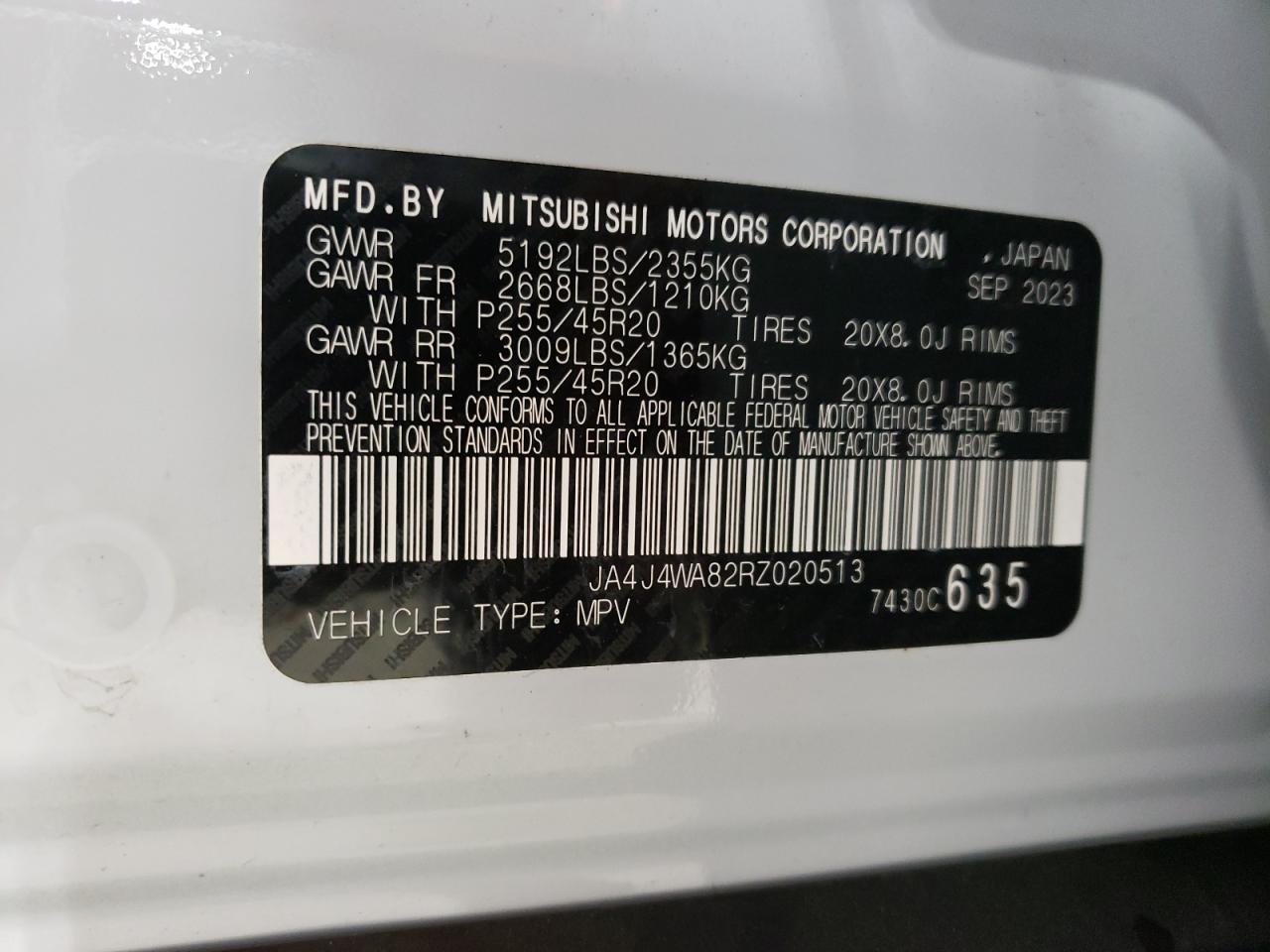 2024 MITSUBISHI OUTLANDER SEL VIN:JA4J4WA82RZ020513