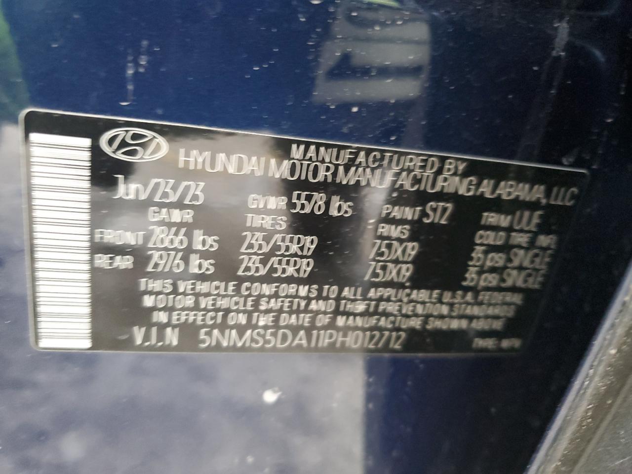 2023 HYUNDAI SANTA FE LIMITED VIN:5NMS5DA11PH012712