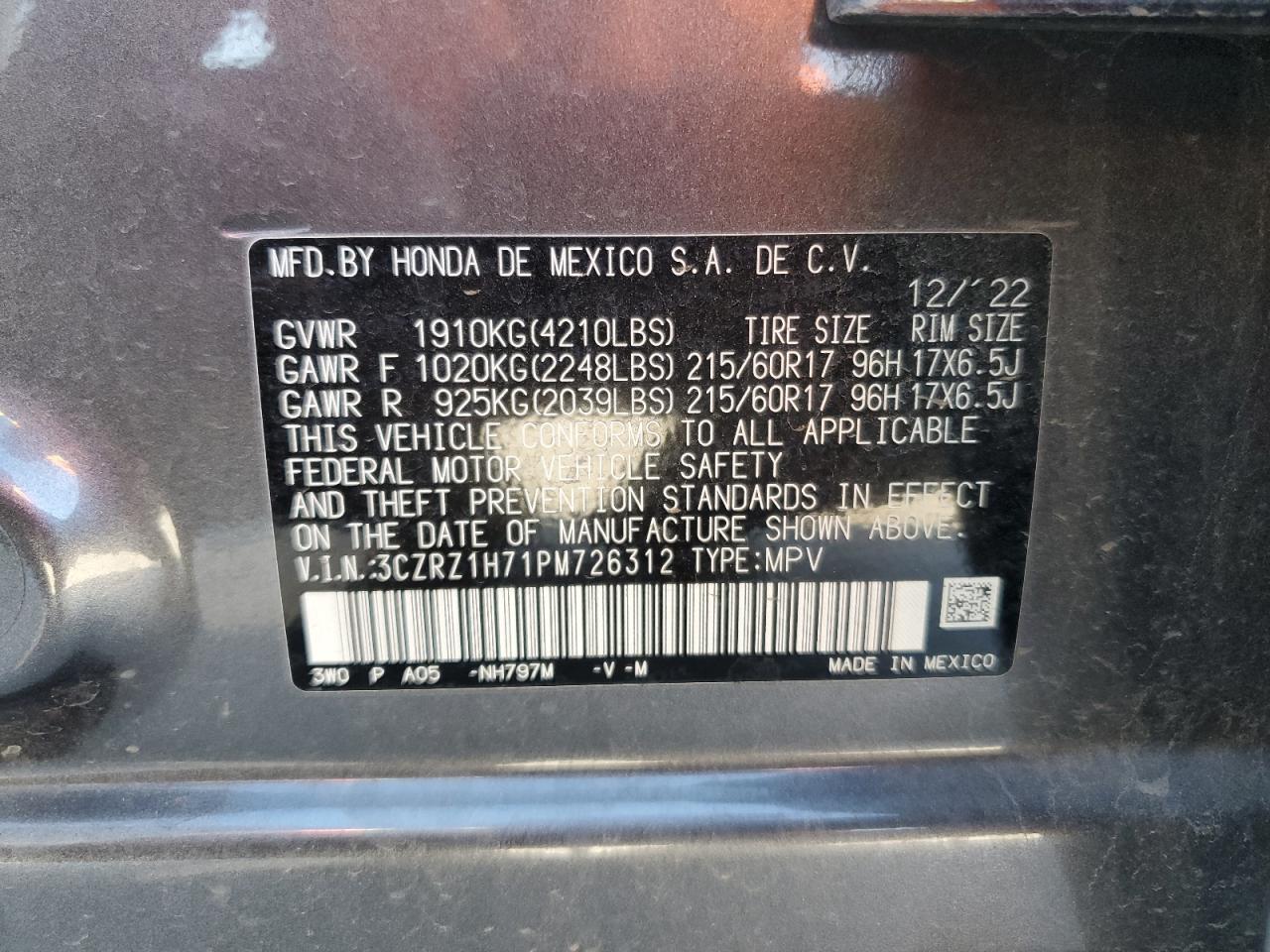 2023 HONDA HR-V EXL VIN:3CZRZ1H71PM726312