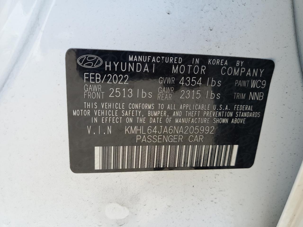 2022 HYUNDAI SONATA SEL VIN:KMHL64JA6NA205992