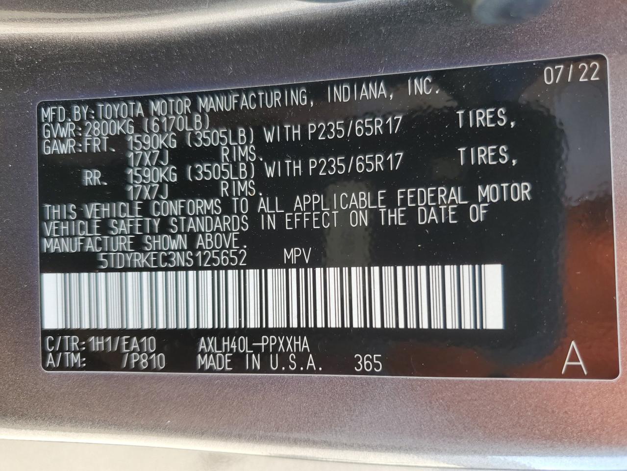 2022 TOYOTA SIENNA XLE VIN:5TDYRKEC3NS125652