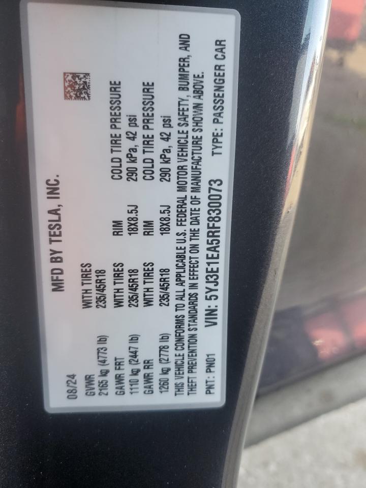 2024 TESLA MODEL 3 VIN:5YJ3E1EA5RF830073