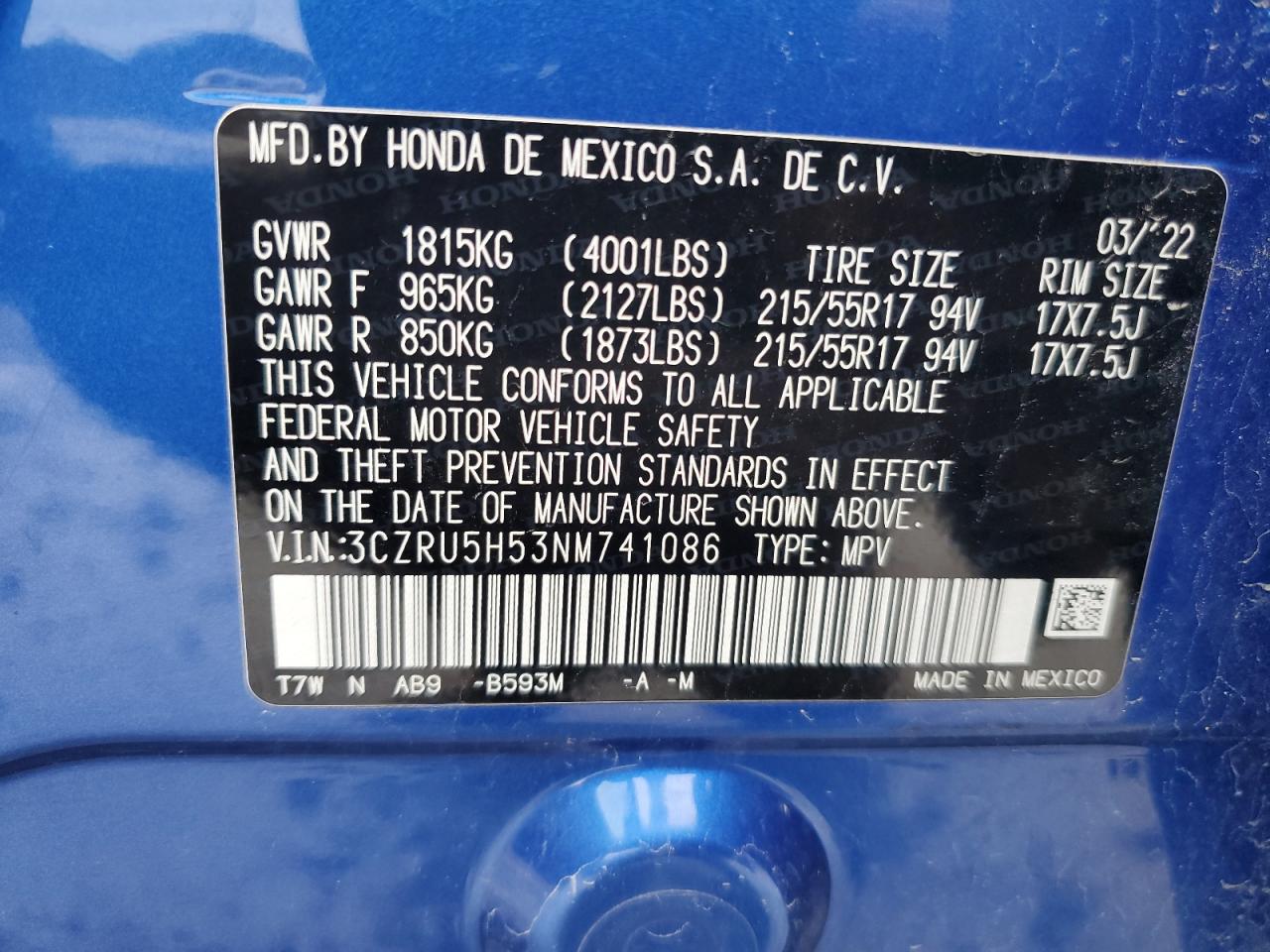 2022 HONDA HR-V EX VIN:3CZRU5H53NM741086