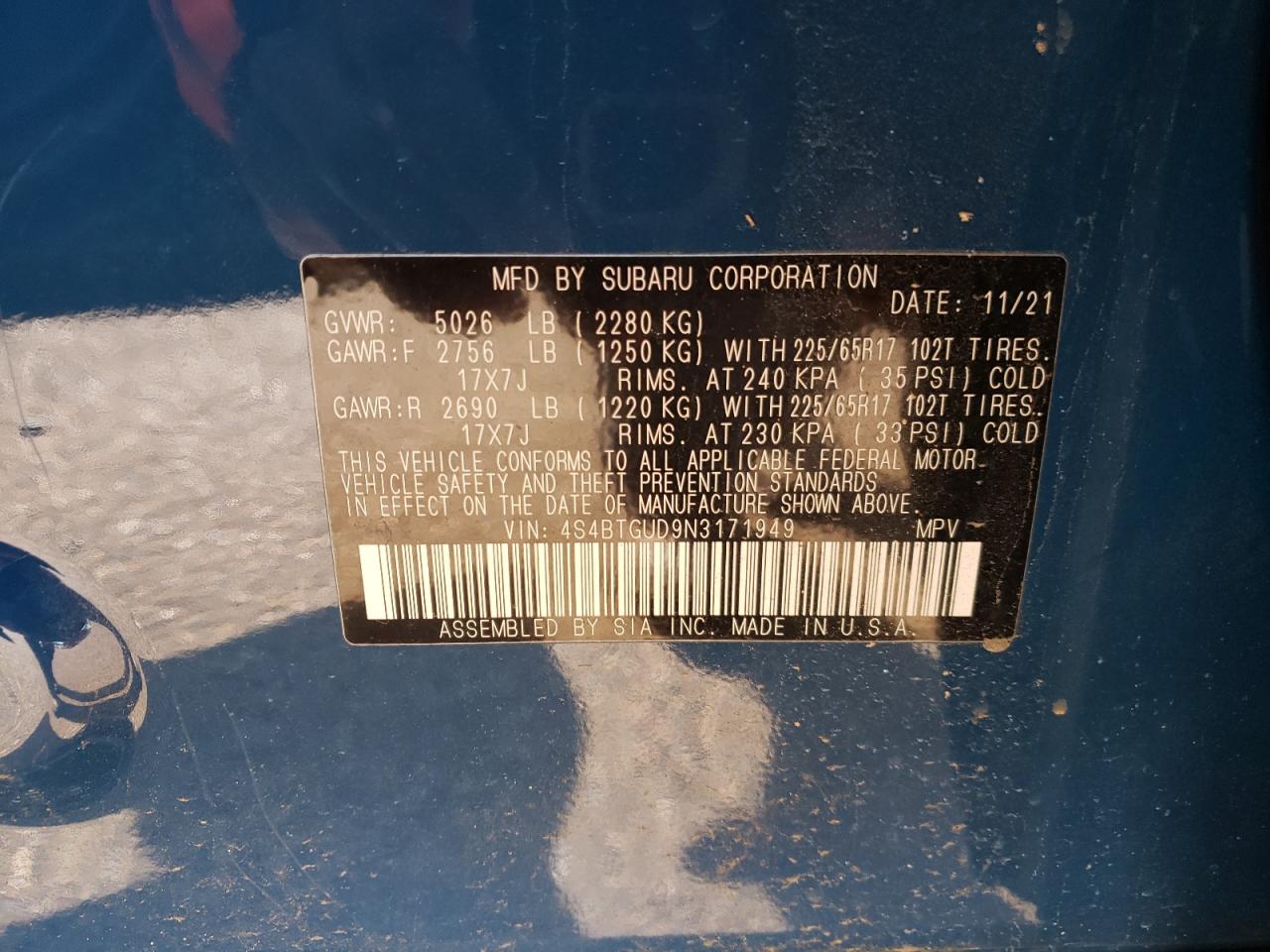 2022 SUBARU OUTBACK WILDERNESS VIN:4S4BTGUD9N3171949