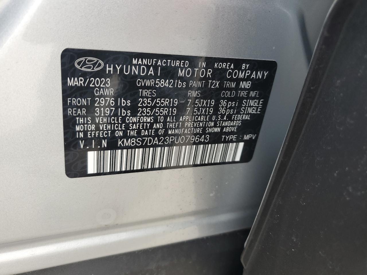 2023 HYUNDAI SANTA FE LIMITED VIN:KM8S7DA23PU079643