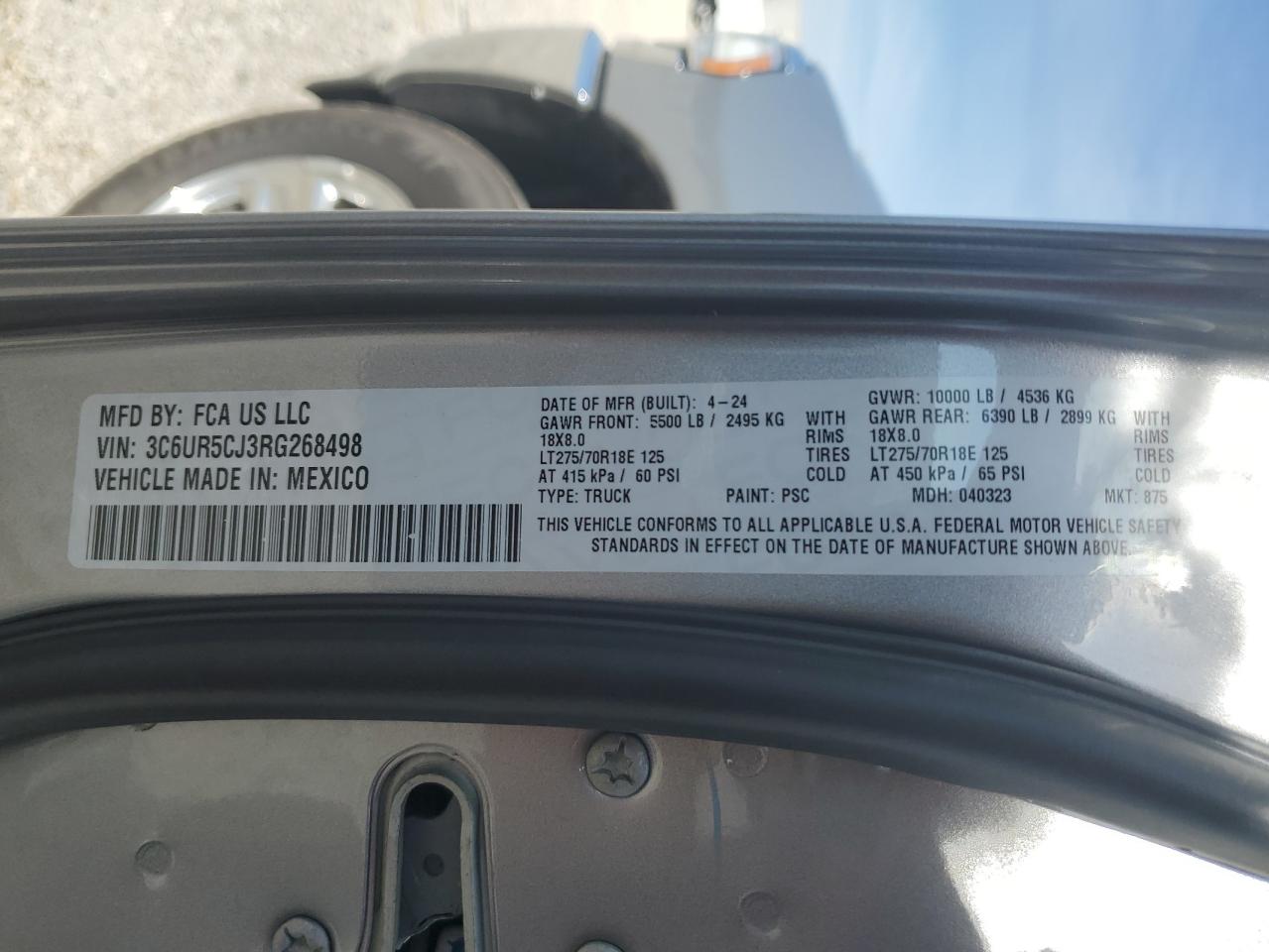 2024 RAM 2500 TRADESMAN VIN:3C6UR5CJ3RG268498