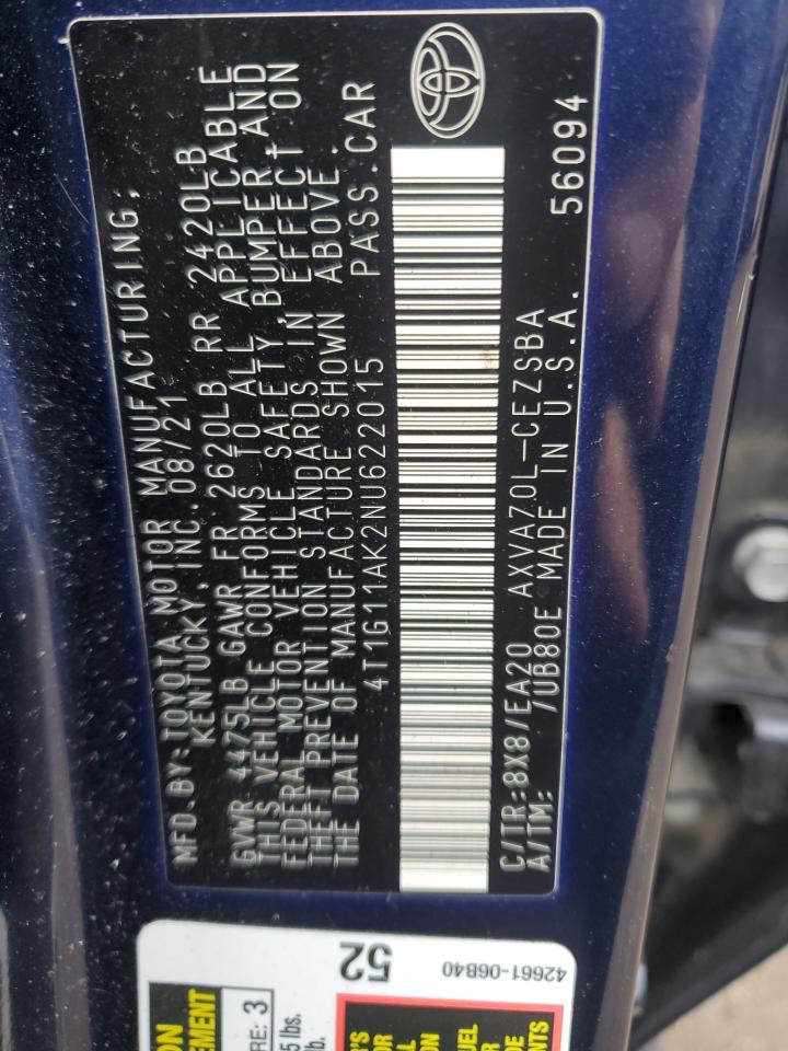 2022 TOYOTA CAMRY SE VIN:4T1G11AK2NU622015
