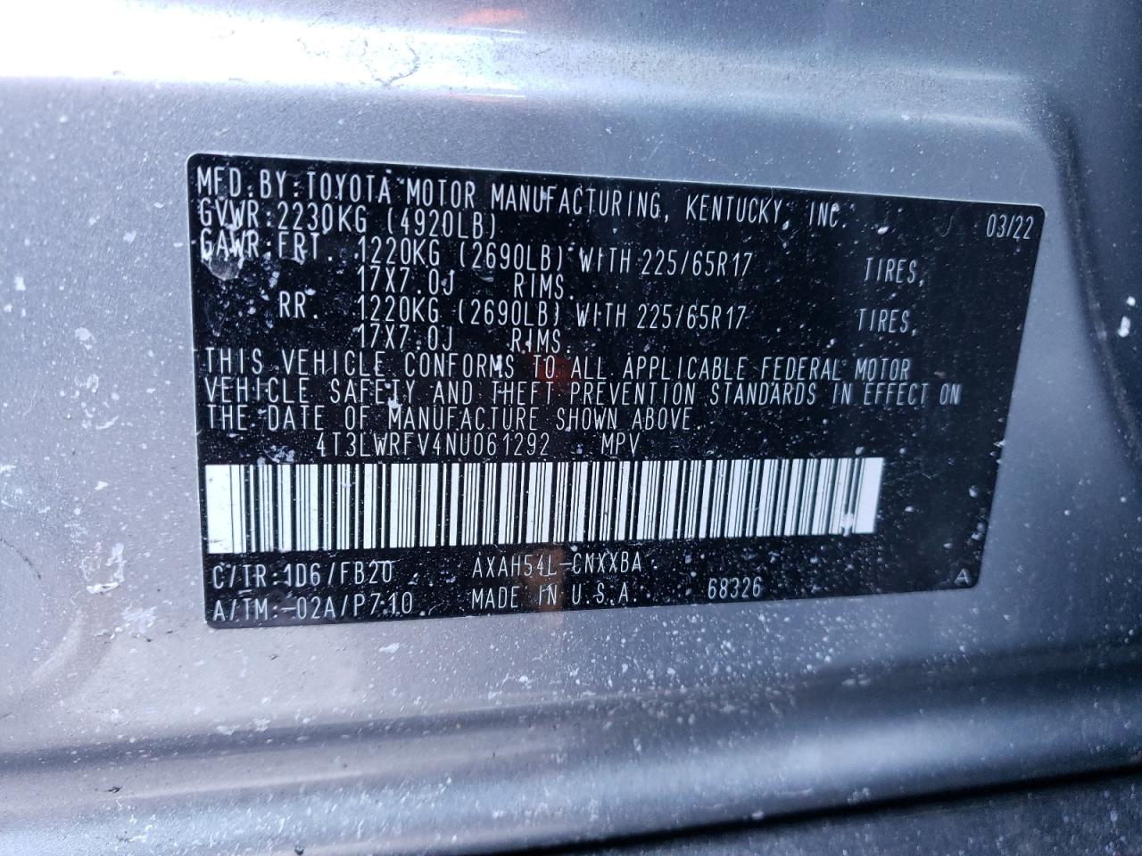 2022 TOYOTA RAV4 LE VIN:4T3LWRFV4NU061292