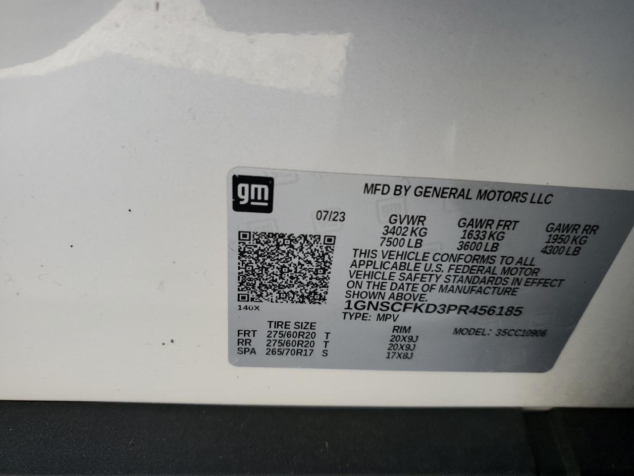 2023 CHEVROLET SUBURBAN C1500 PREMIER VIN:1GNSCFKD3PR456185