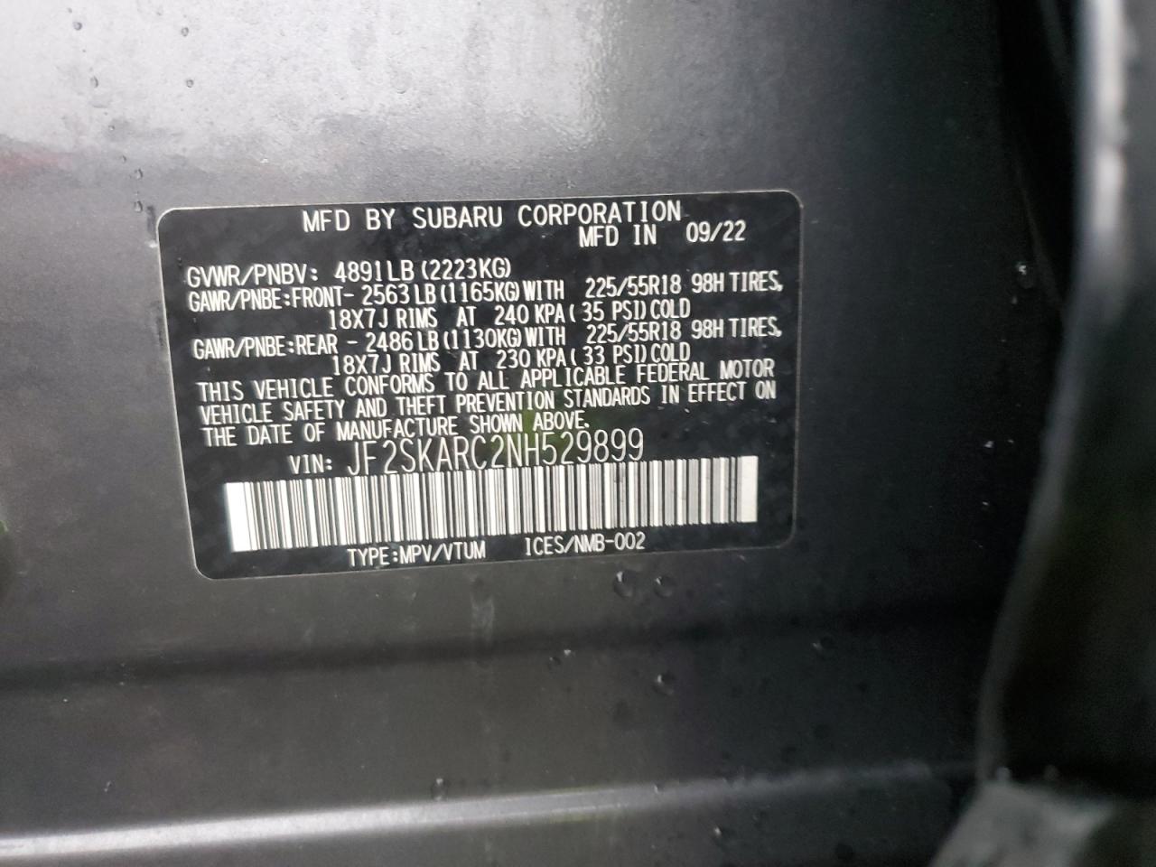 2022 SUBARU FORESTER TOURING VIN:JF2SKARC2NH529899