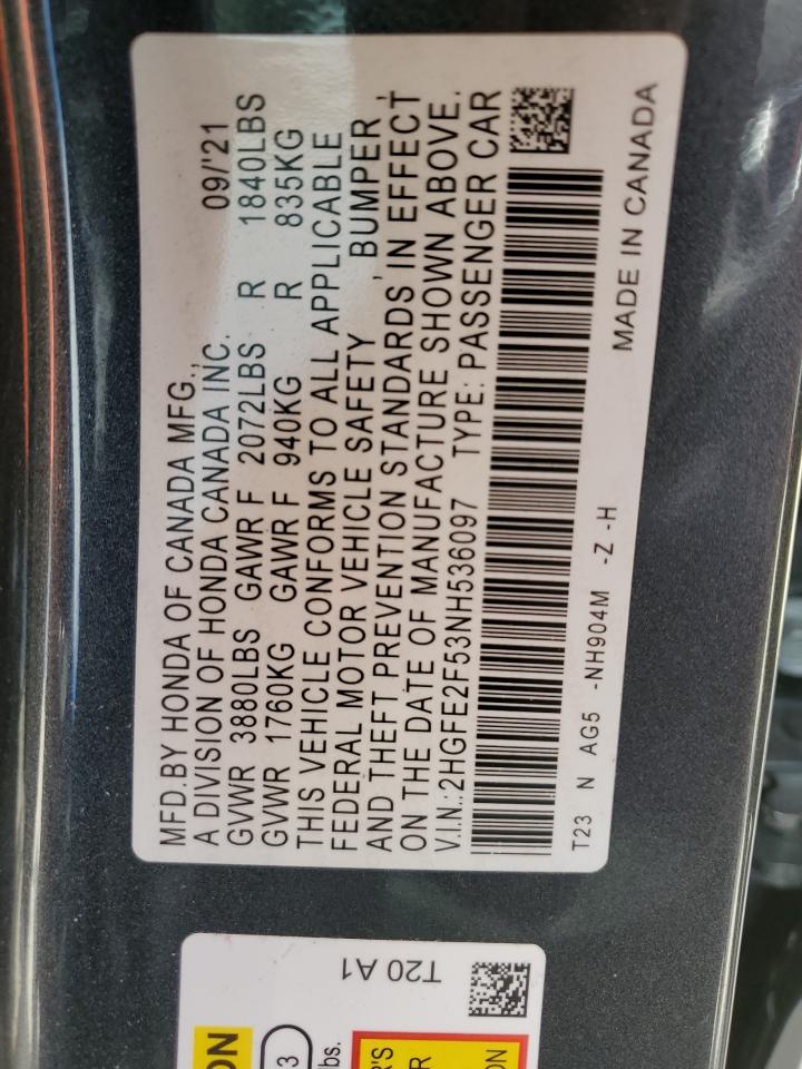 2022 HONDA CIVIC SPORT VIN:2HGFE2F53NH536097