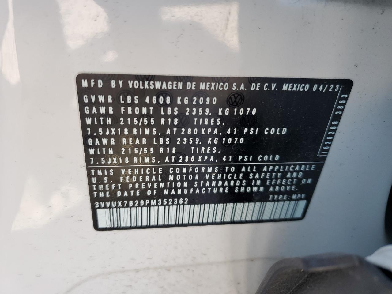 2023 VOLKSWAGEN TAOS SE VIN:3VVUX7B29PM352362