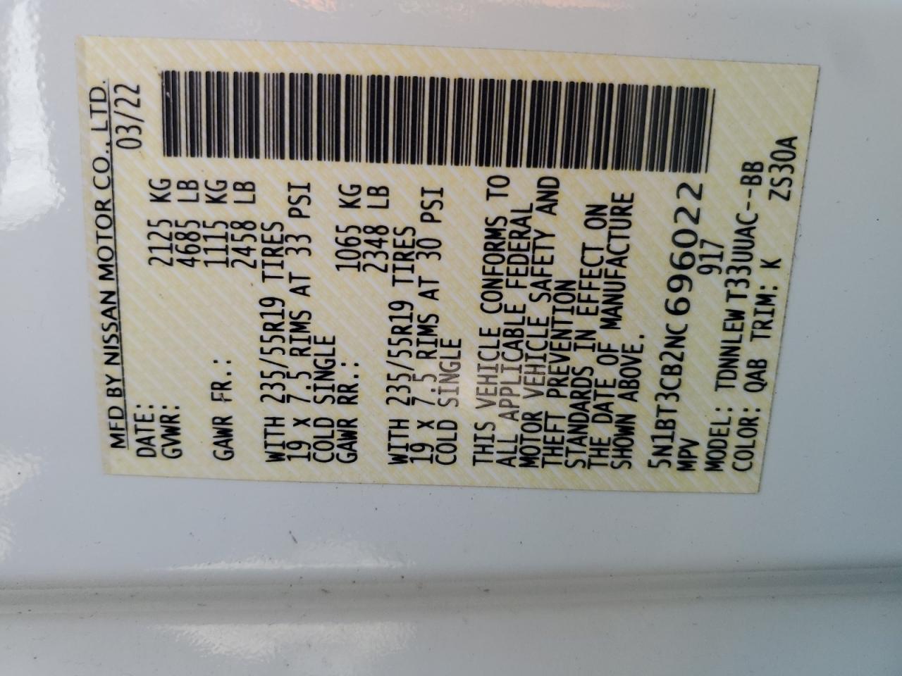 2022 NISSAN ROGUE SL VIN:5N1BT3CB2NC696022