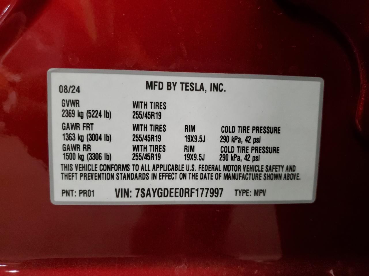 2024 TESLA MODEL Y VIN:7SAYGDEE0RF177997