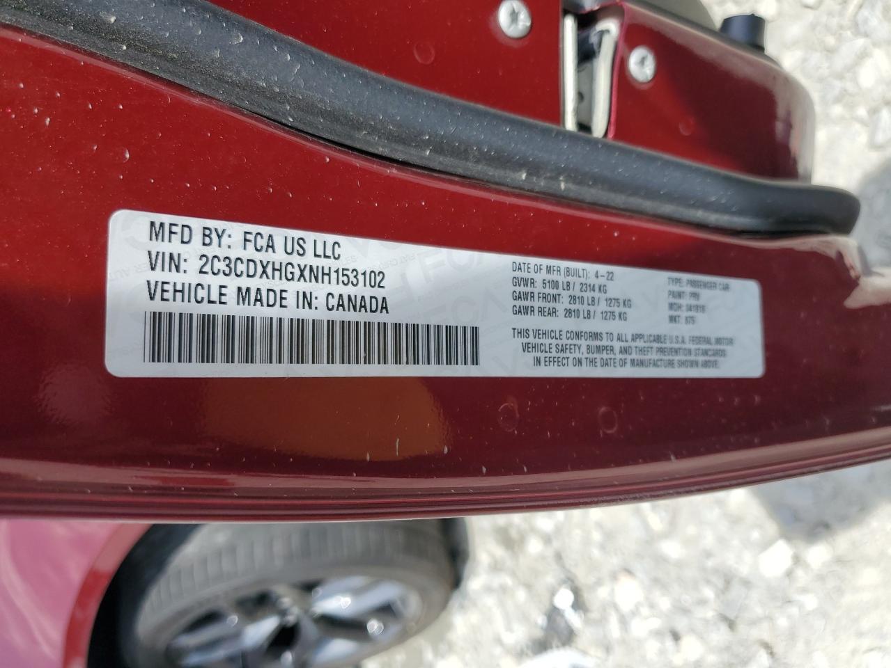 2022 DODGE CHARGER GT VIN:2C3CDXHGXNH153102