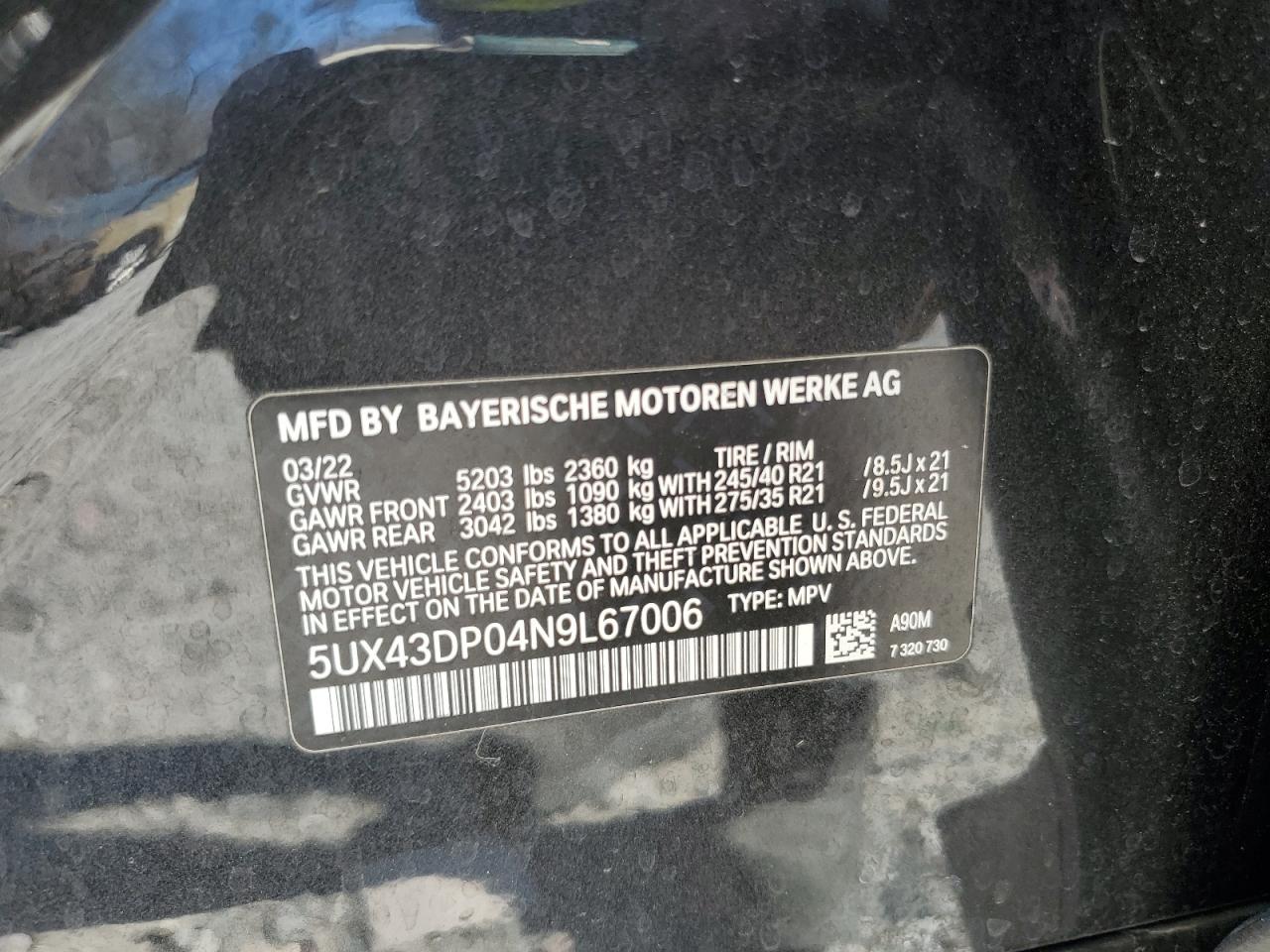 2022 BMW X3 SDRIVE30I VIN:5UX43DP04N9L67006