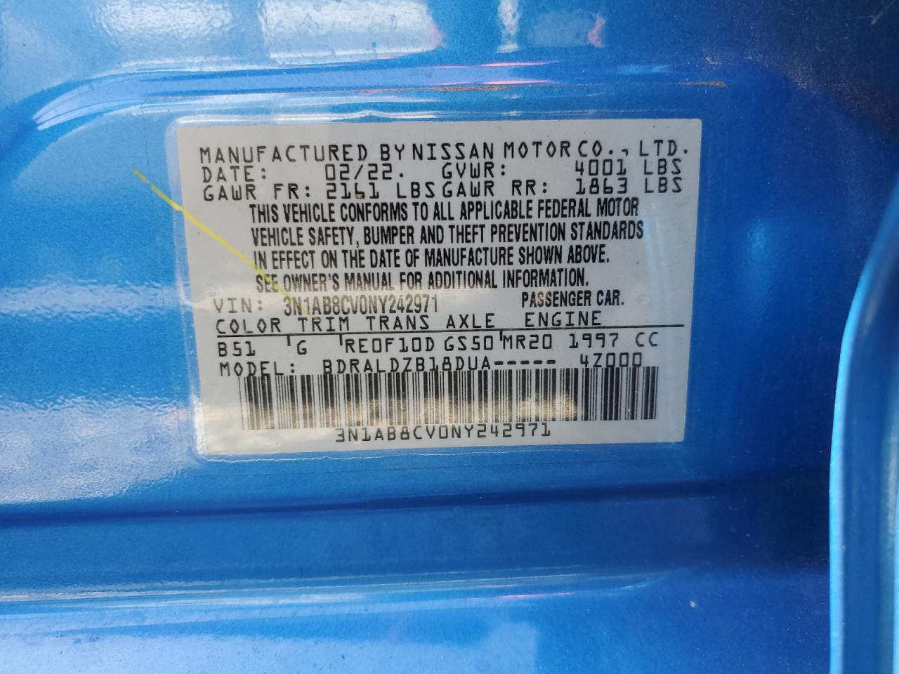 2022 NISSAN SENTRA SV VIN:3N1AB8CV0NY242971