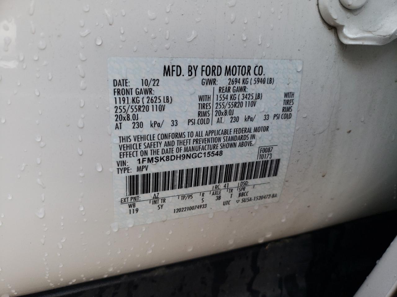 2022 FORD EXPLORER XLT VIN:1FMSK8DH9NGC15548