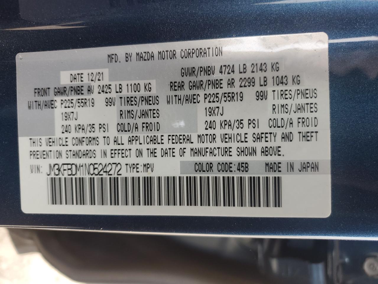 2022 MAZDA CX-5 PREMIUM VIN:JM3KFBDM1N0524272