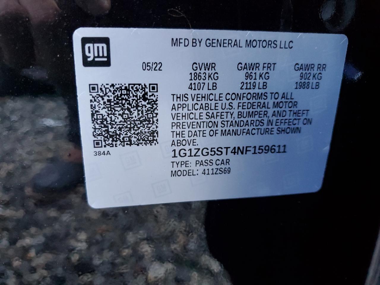 2022 CHEVROLET MALIBU RS VIN:1G1ZG5ST4NF159611