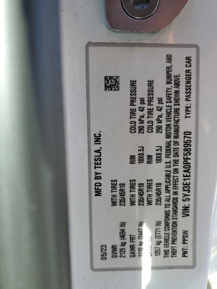 2023 TESLA MODEL 3 VIN:5YJ3E1EA0PF589570