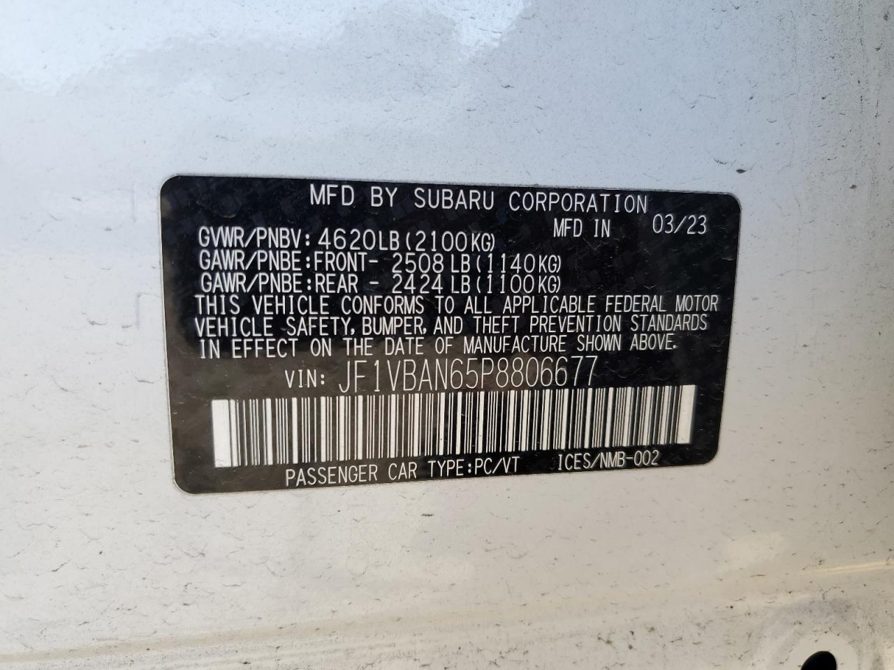 2023 SUBARU WRX LIMITED VIN:JF1VBAN65P8806677