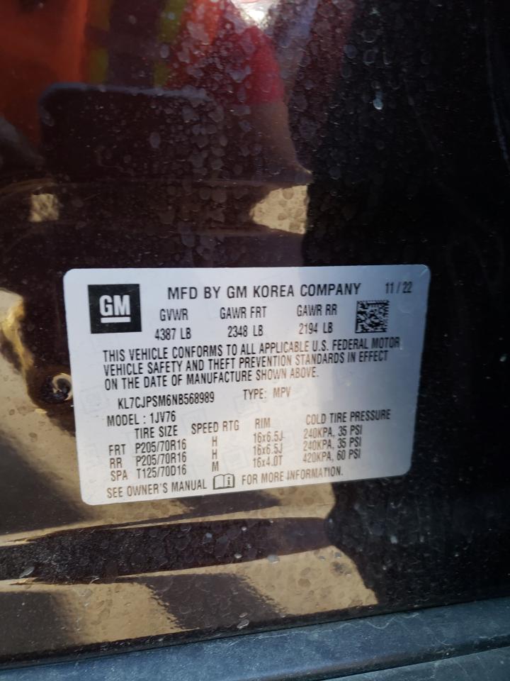 2022 CHEVROLET TRAX 1LT VIN:KL7CJPSM6NB568989