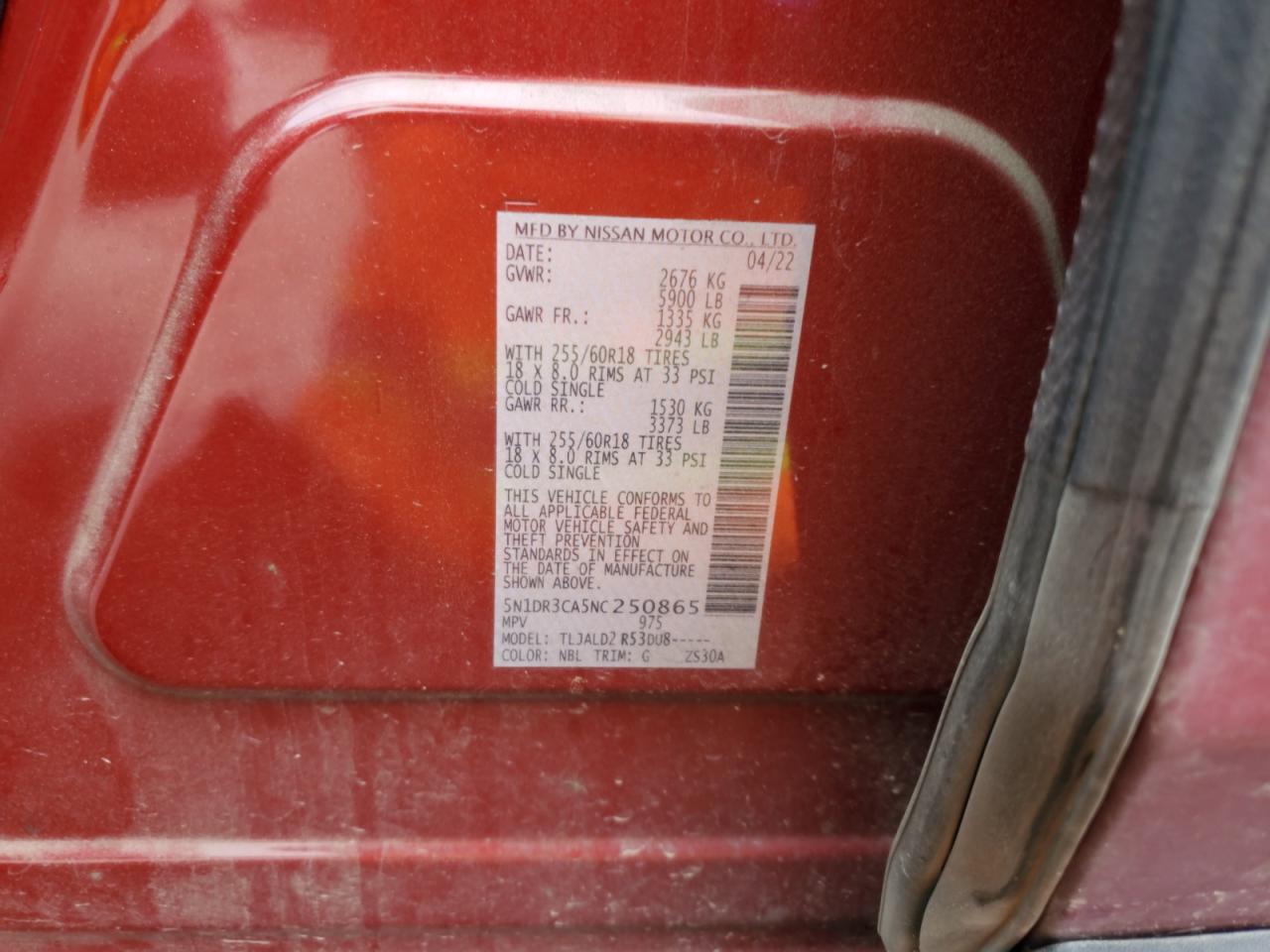 2022 NISSAN PATHFINDER SL VIN:5N1DR3CA5NC250865