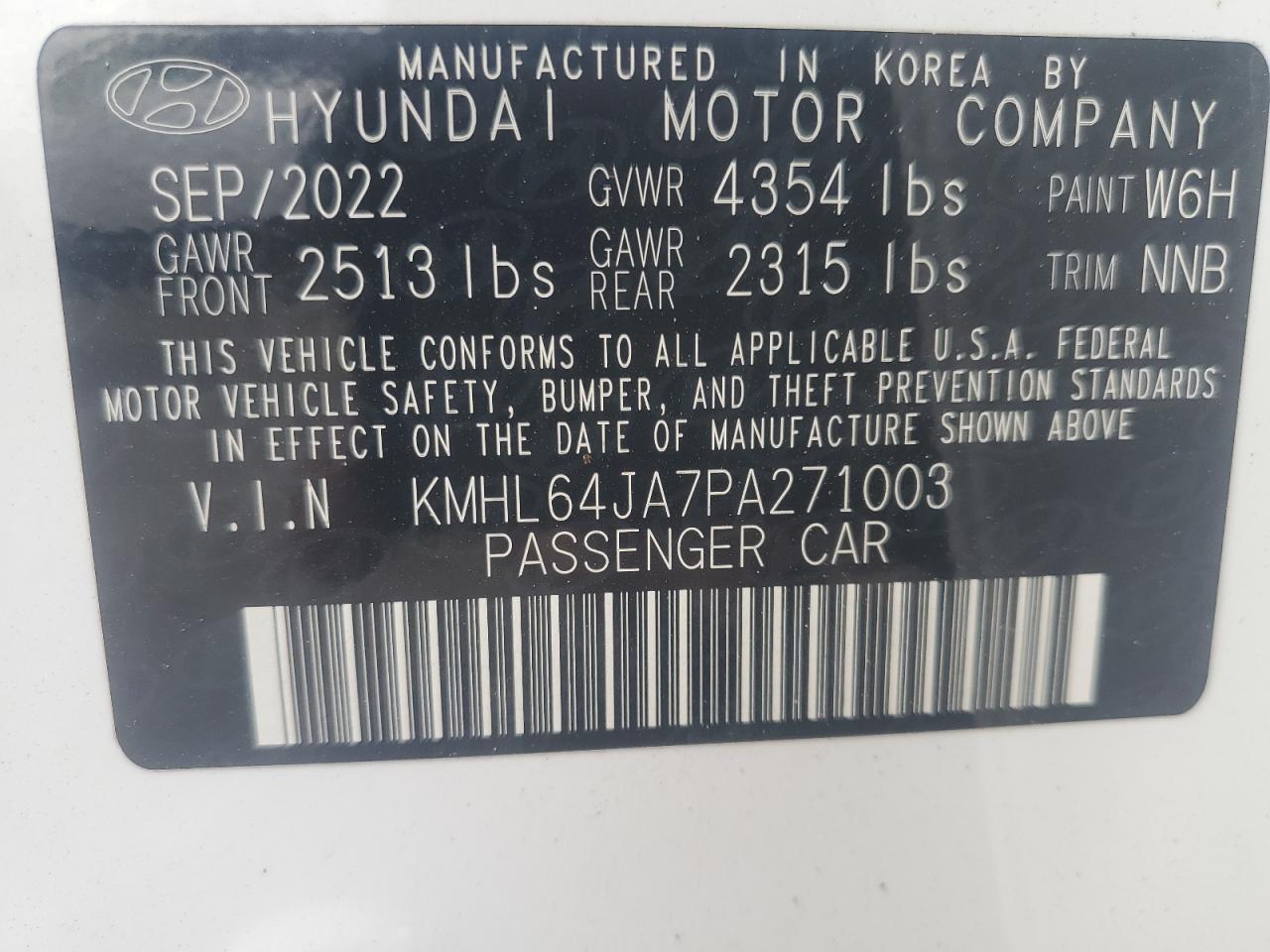 2023 HYUNDAI SONATA SEL VIN:KMHL64JA7PA271003