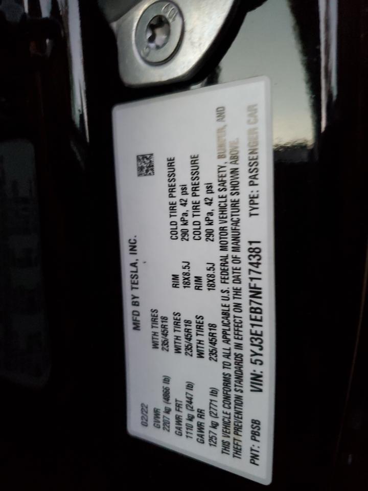 2022 TESLA MODEL 3 VIN:5YJ3E1EB7NF174381