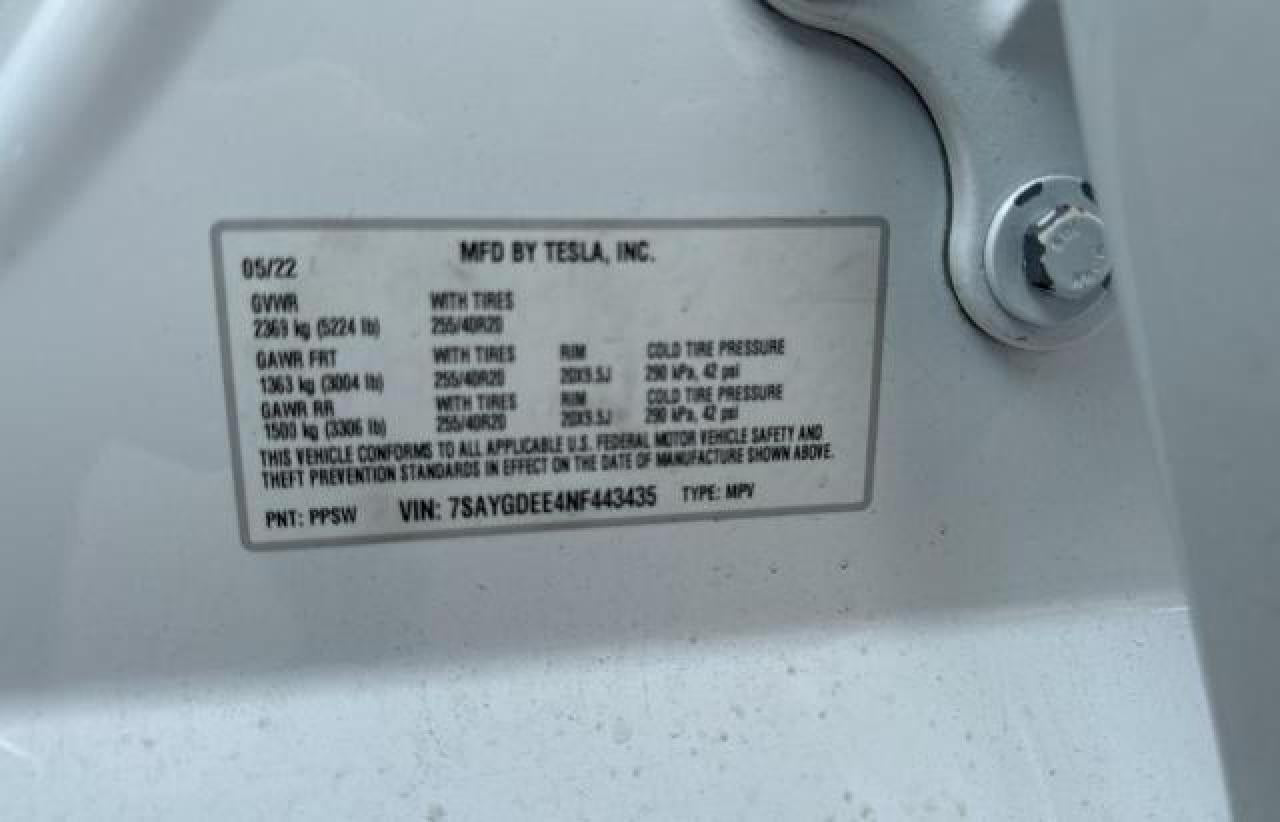 2022 TESLA MODEL Y VIN:7SAYGDEE4NF443435