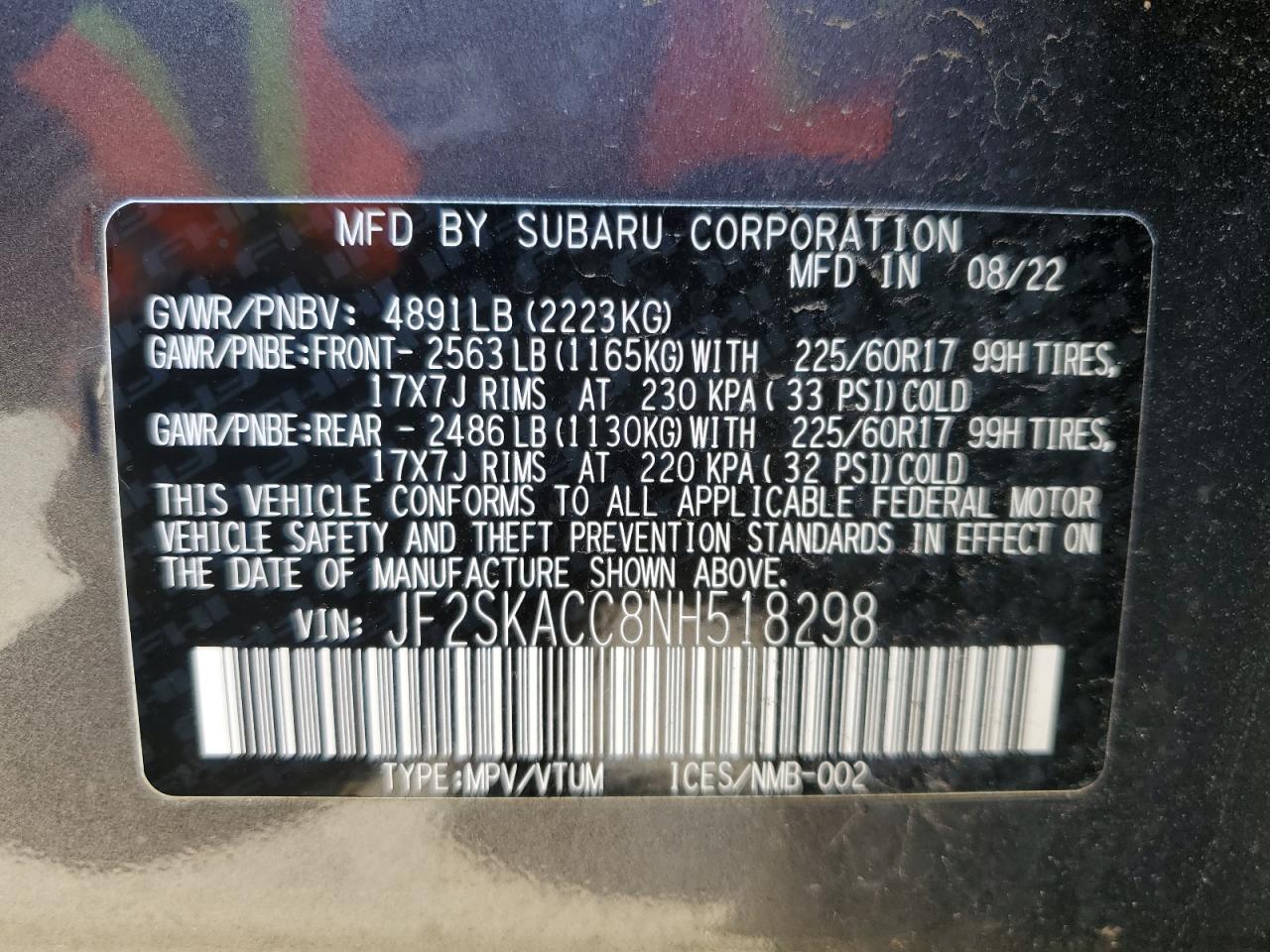 2022 SUBARU FORESTER VIN:JF2SKACC8NH518298