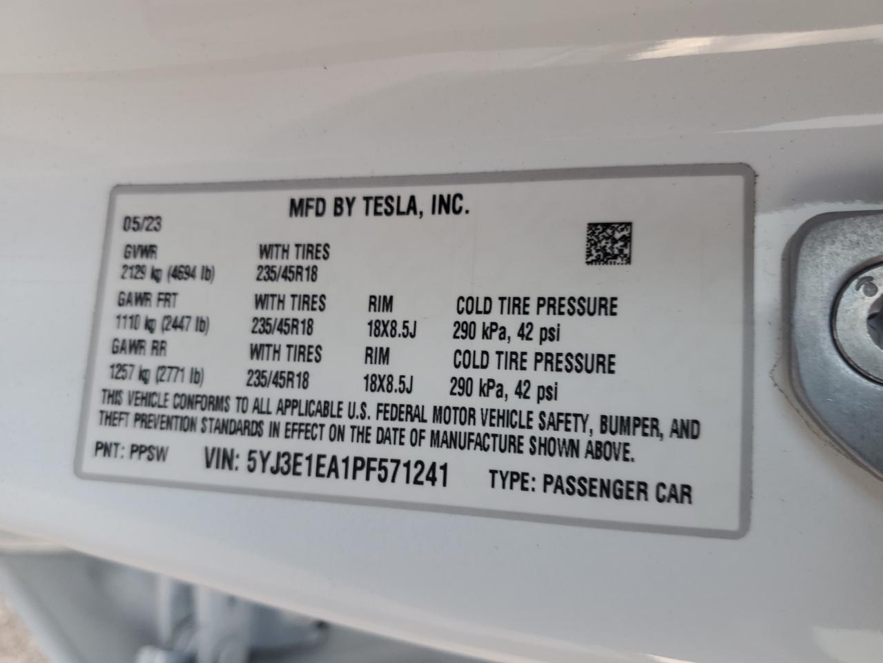 2023 TESLA MODEL 3 VIN:5YJ3E1EA1PF571241