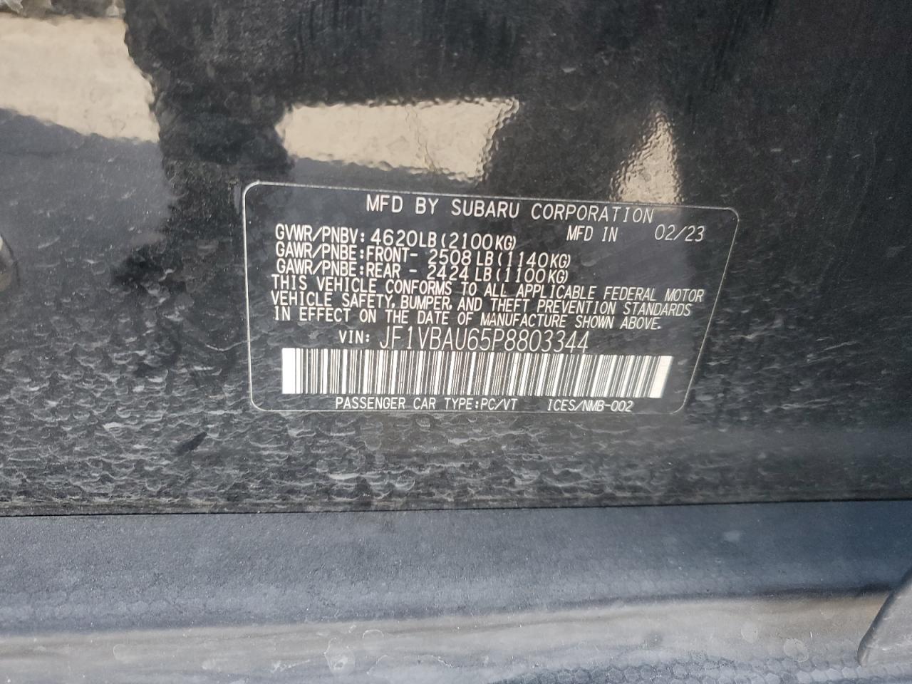 2023 SUBARU WRX GT VIN:JF1VBAU65P8803344